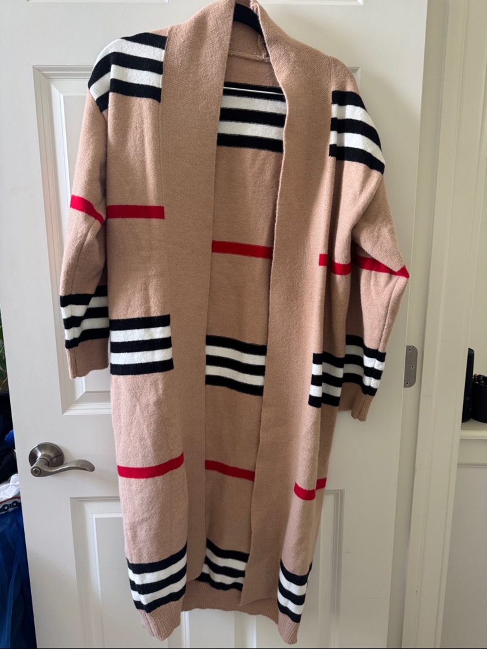 Striped Open Front Long Cardigan in Beige with Black, White & Red Accents